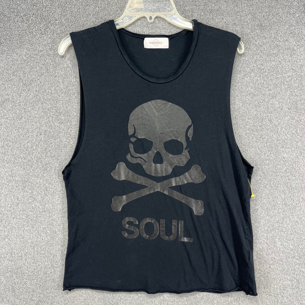 SoulCycle Muscle Tank Women Small Black Skull Graphic Raw Hem Sleeveless Shirt